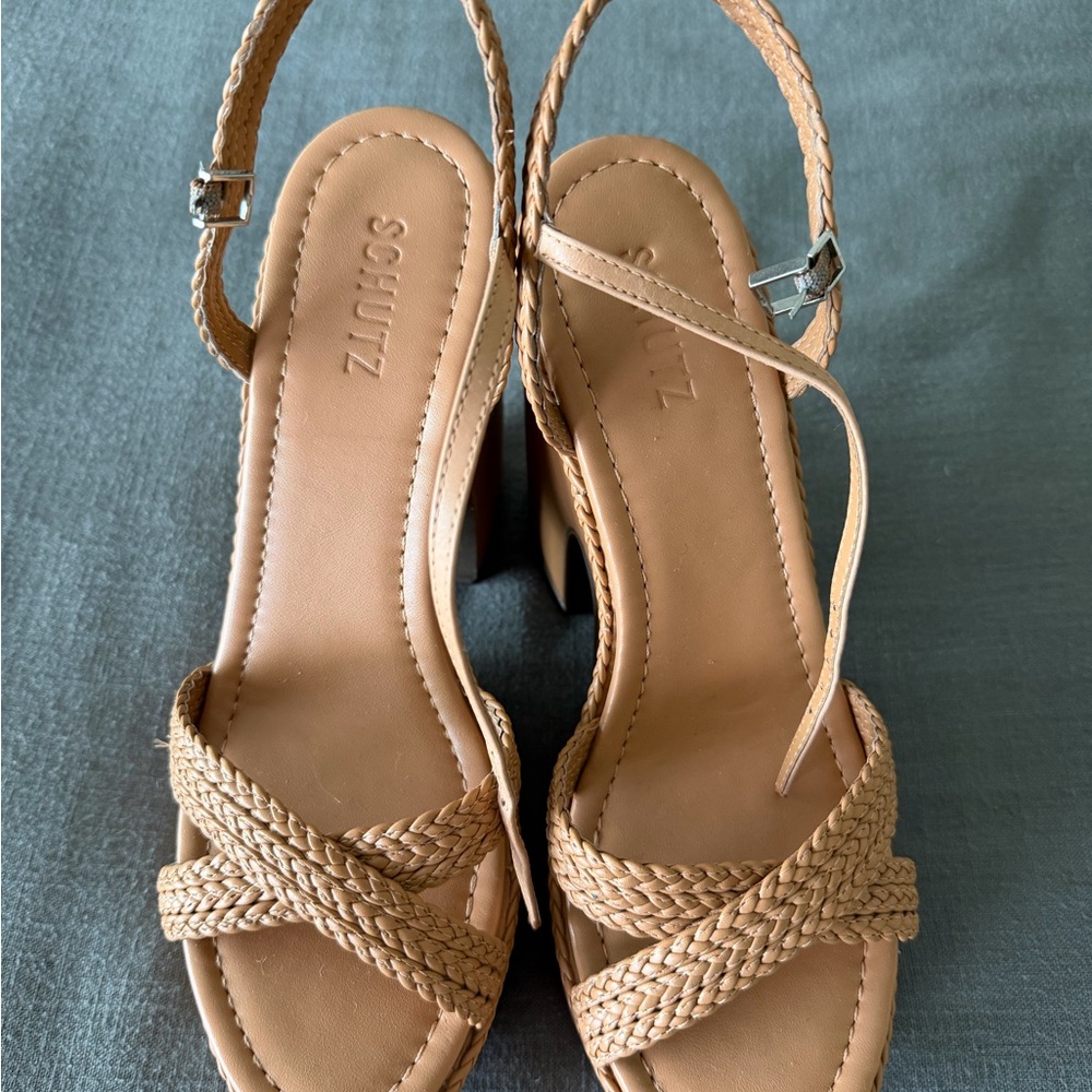 SCHUTZ Braided Tan Slingback Block Heel Sandals
